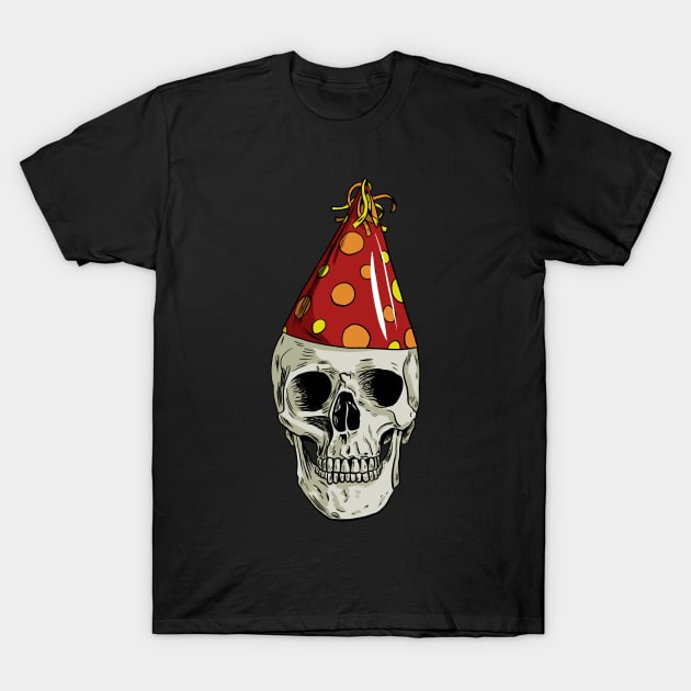 Skull Wearing Party Hat T-Shirt by Black Snow Comics